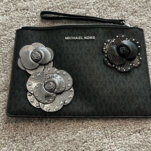 Michael Kors Large Black and Silver Floral Wristlet Clutch